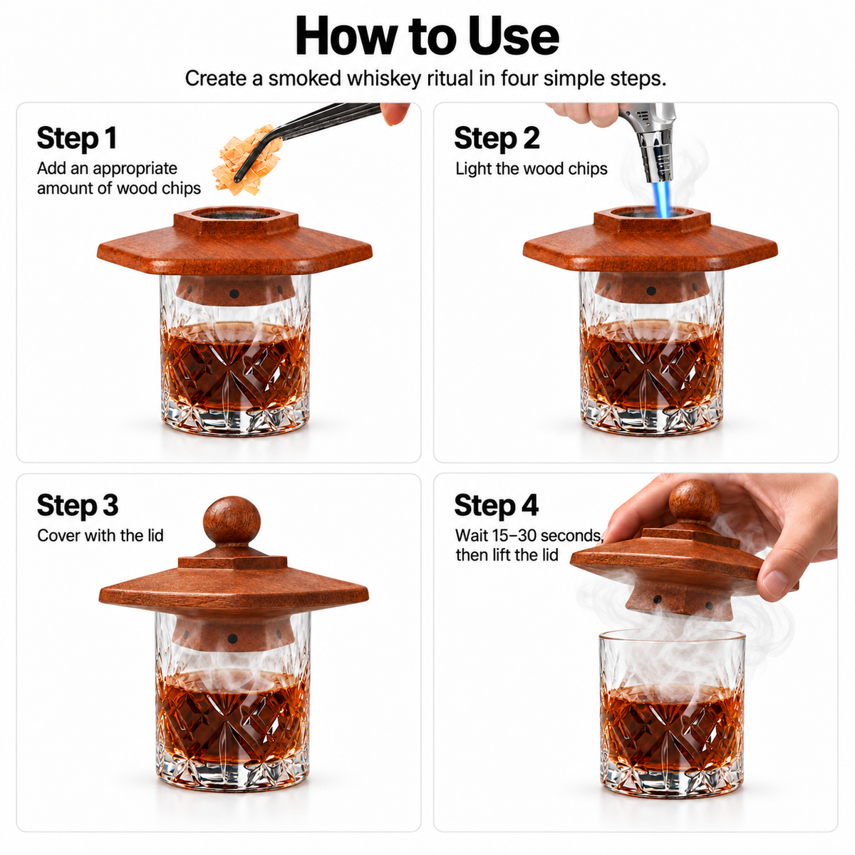 Four-step guide showing how to add wood chips, ignite them, cover the whiskey glass and lift the UNTIOR smoker lid after 15 to 30 seconds.