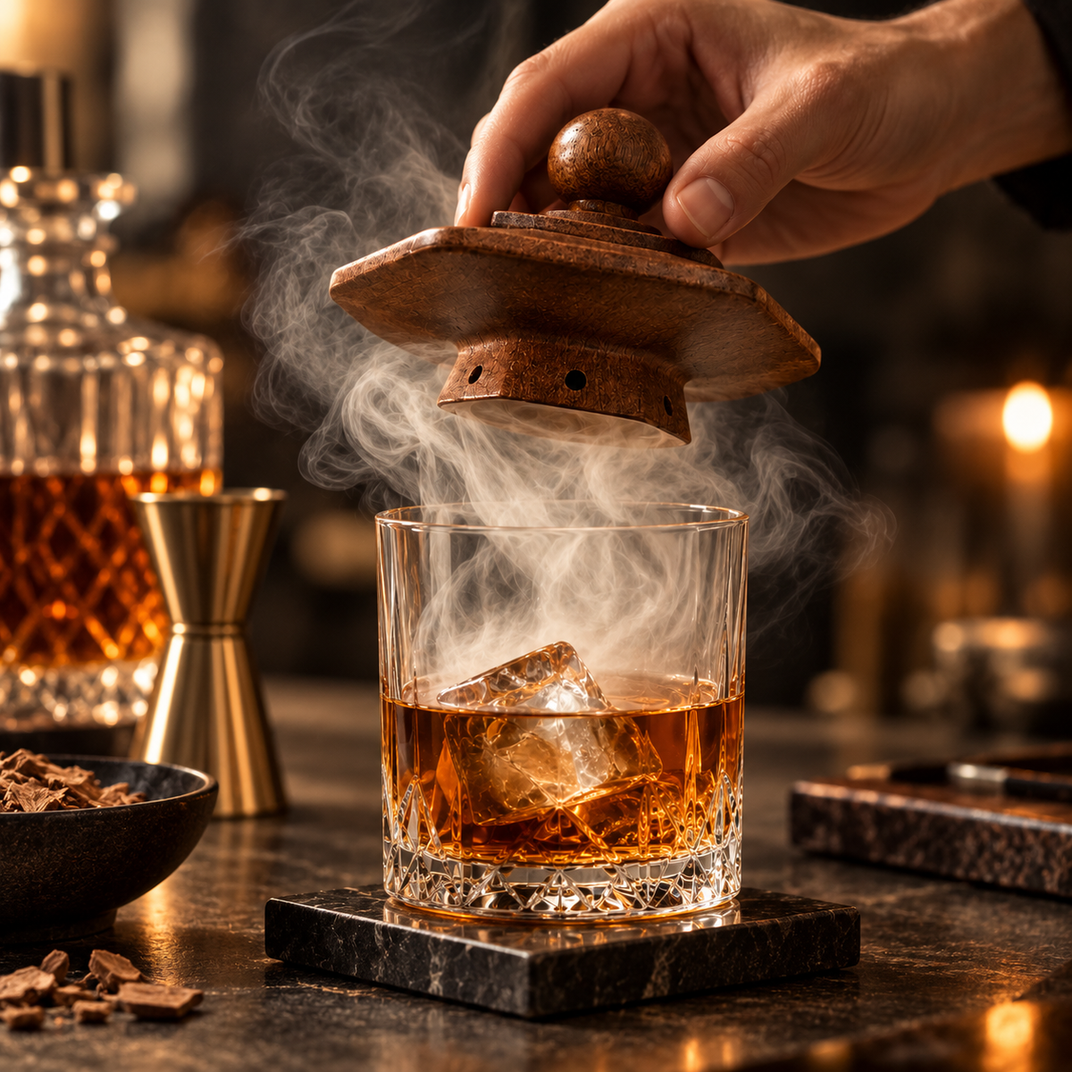 UNTIOR wooden whiskey smoker lid being lifted above a glass of smoked whiskey in a warm premium cocktail bar setting.