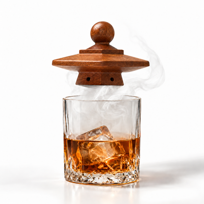 UNTIOR hexagonal whiskey smoker lid lifted above a whiskey glass as aromatic smoke flows from the glass.