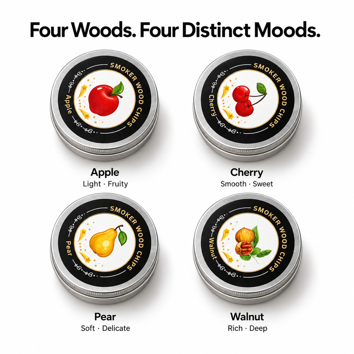 Four wood chip flavors for the UNTIOR whiskey smoker kit: apple, cherry, pear and walnut for varied smoke profiles.