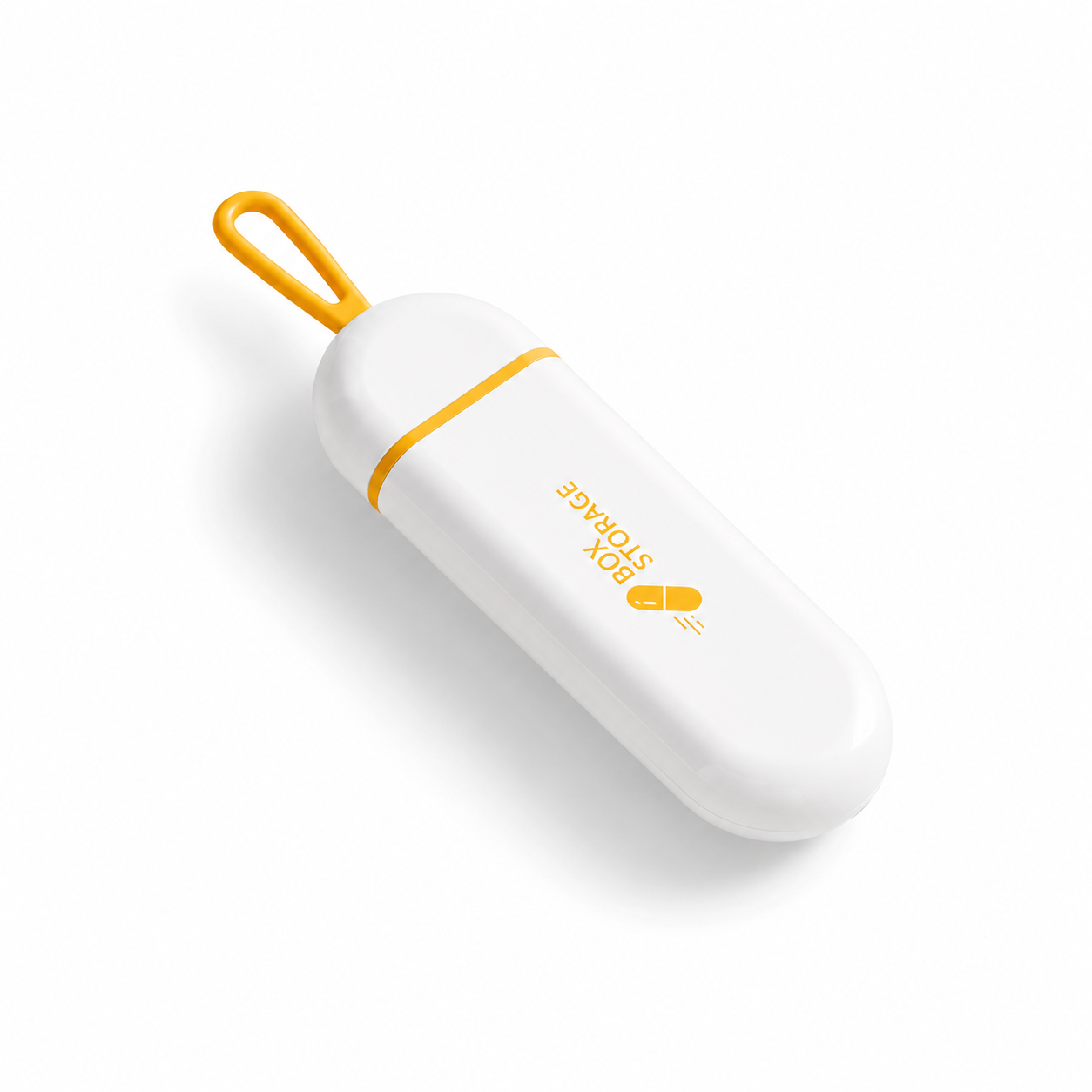UNTIOR white and orange pull-out pill case in closed view with compact capsule shape, hanging loop, and BPA-free daily storage design.