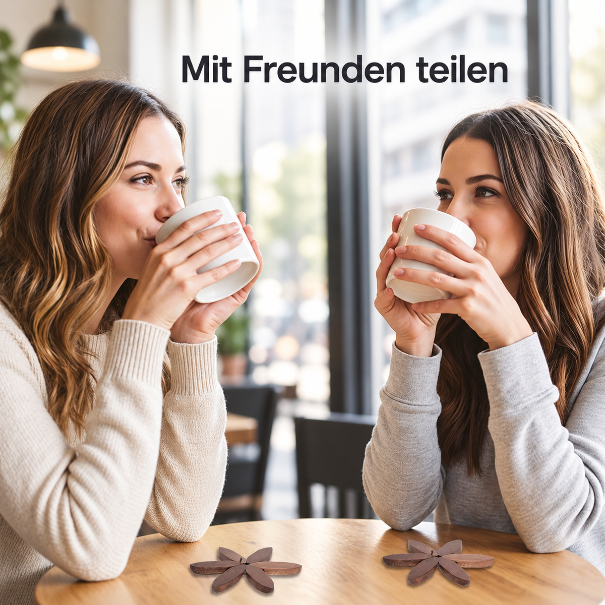 Two friends enjoying coffee at a café with UNTIOR flower-shaped wooden coasters on their table, adding a natural touch to everyday moments.