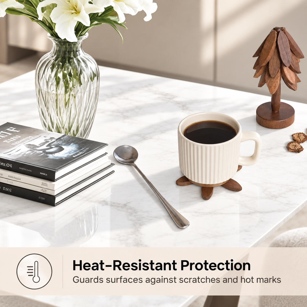 White ceramic coffee mug resting on a UNTIOR wooden flower coaster on a marble table, beside a decorative wooden tree-shaped coaster stand.
