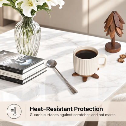 White ceramic coffee mug resting on a UNTIOR wooden flower coaster on a marble table, beside a decorative wooden tree-shaped coaster stand.