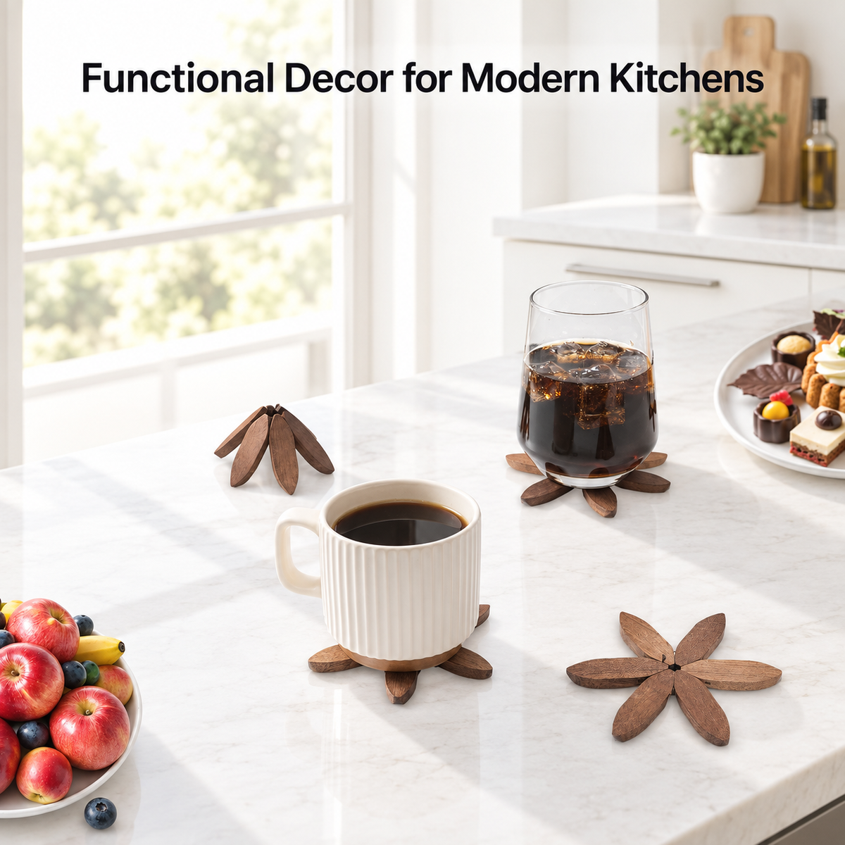 UNTIOR flower-shaped wooden coasters beneath a coffee mug and drinking glass on a bright marble kitchen counter, with a folded coaster nearby.