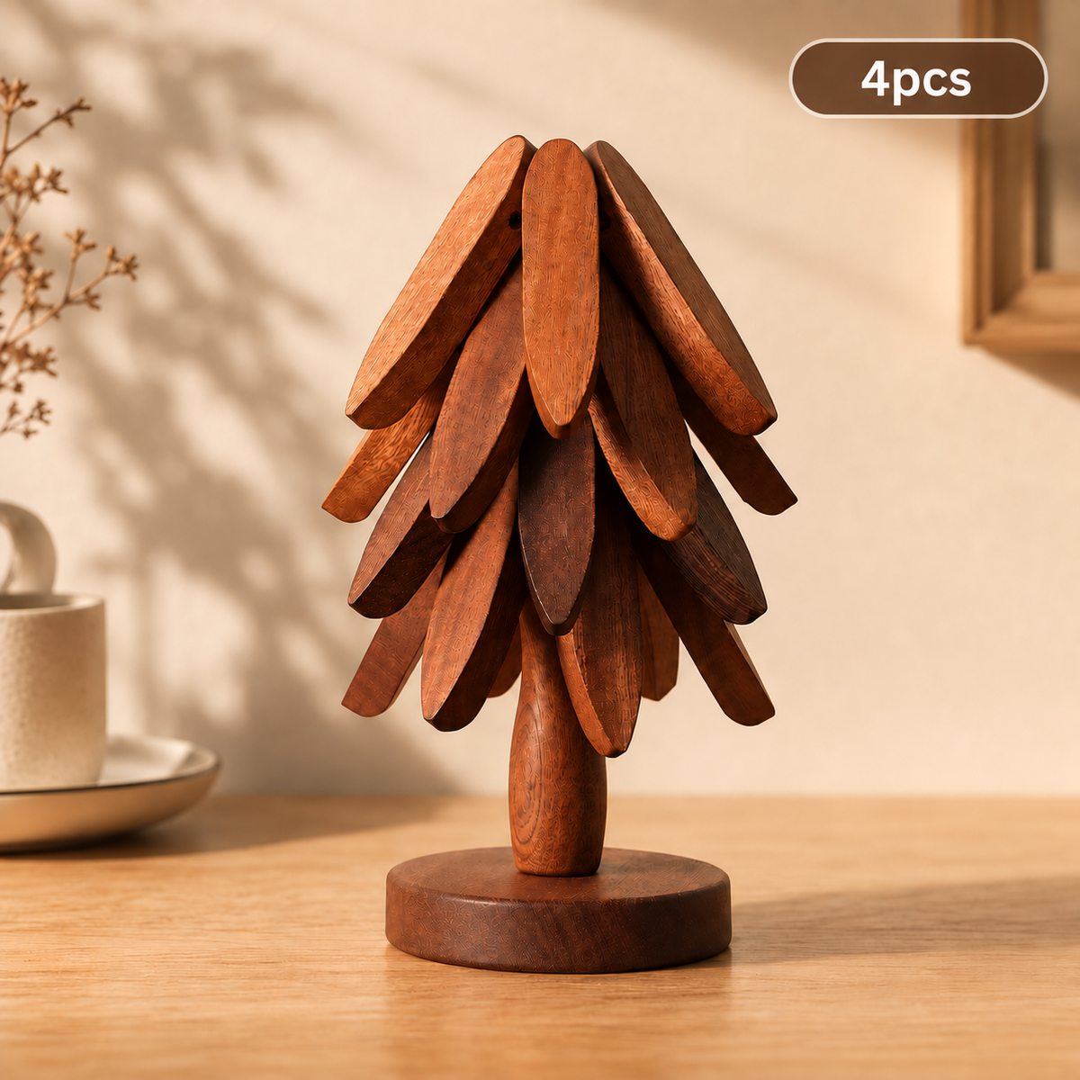 UNTIOR 4-piece wooden tree-shaped coaster set in walnut color, featuring layered wooden leaf coasters arranged on a compact round display stand.