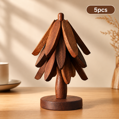 UNTIOR 5-piece wooden tree-shaped coaster set in walnut color, displayed on a round wooden stand as decorative drink coasters for coffee tables and kitchens.