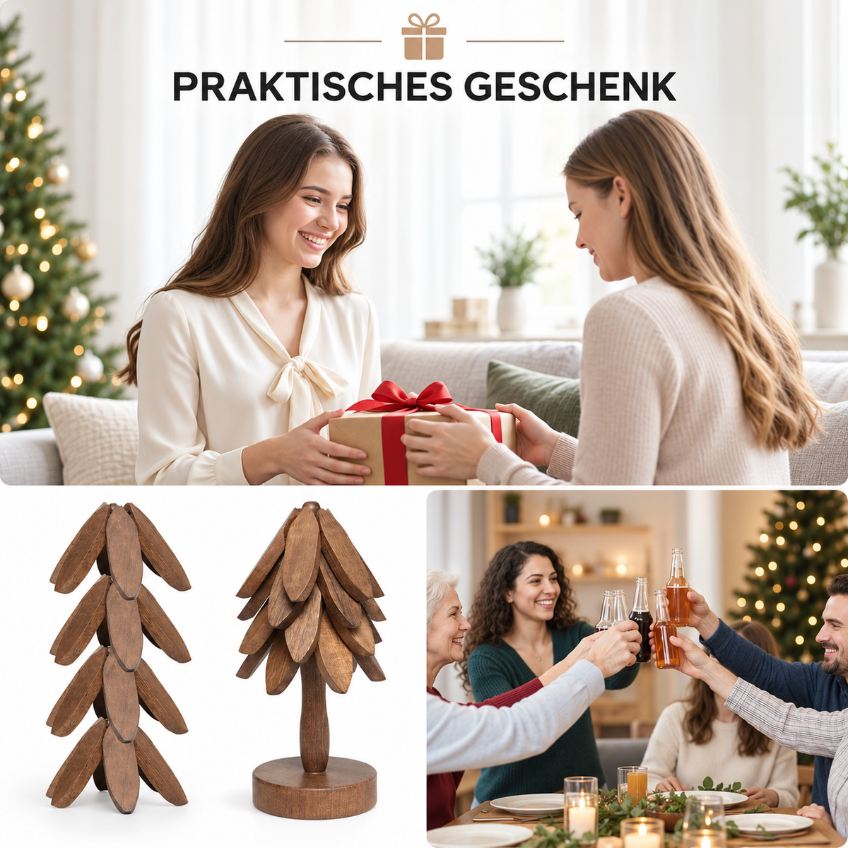 UNTIOR decorative wooden tree coaster set presented as a practical housewarming or holiday gift, alongside festive gift-giving and family gatherings.