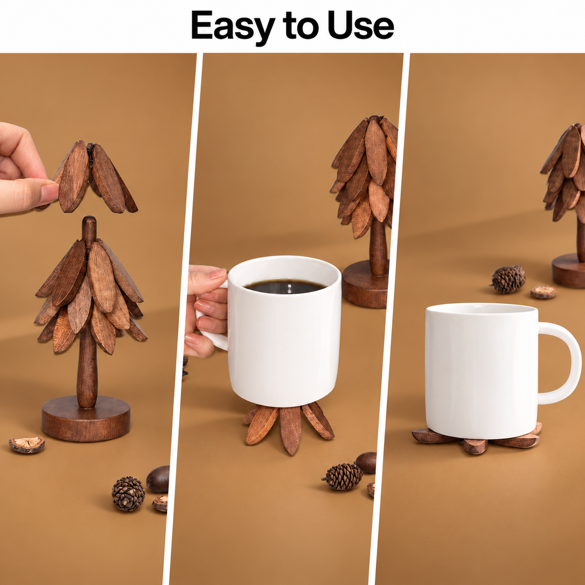 Three-step guide showing how to remove the wooden leaf coasters from the UNTIOR tree-shaped stand and use them under a coffee mug.