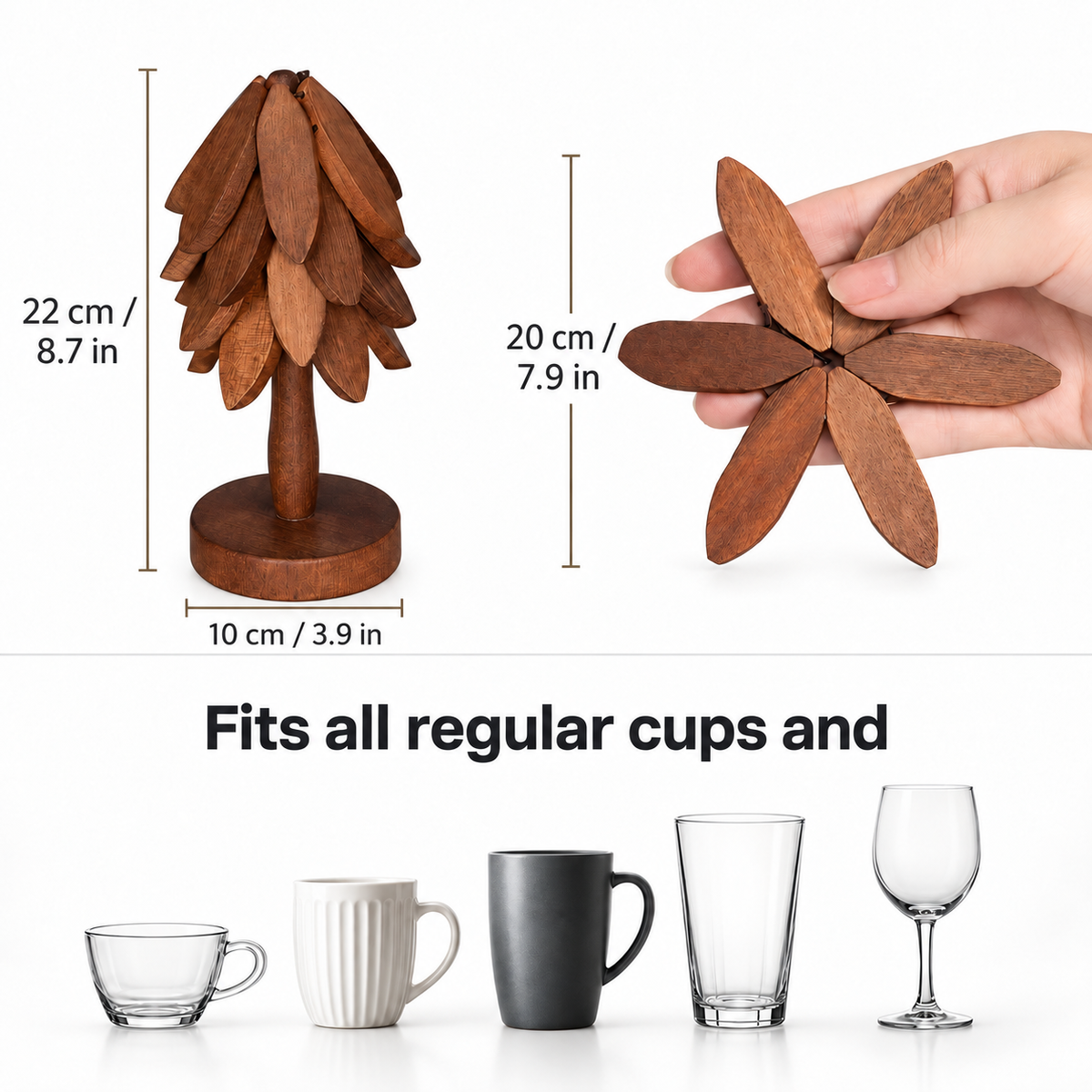 UNTIOR wooden tree coaster set size guide showing a 22 cm (8.7 in) tall holder, 10 cm (3.9 in) base, and 20 cm (7.9 in) flower-shaped coaster, alongside different cups and glasses.